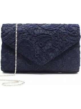 Women Navy Embroidered Lace Clutch Purse Envelope Imported Evening Handbags